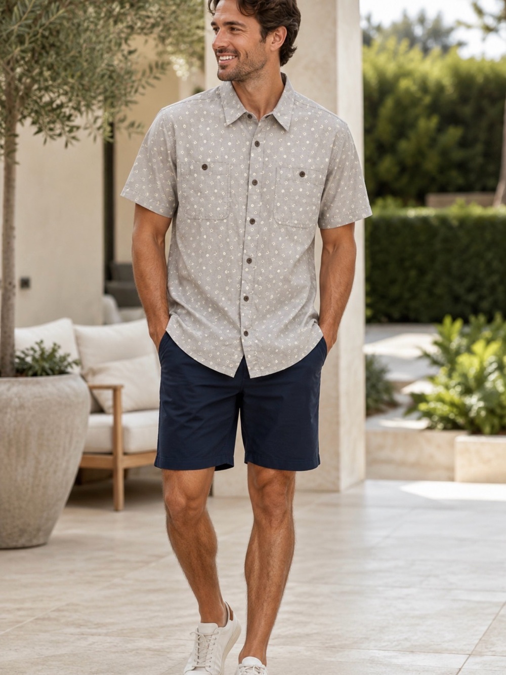 TITLE: Patagonia Men’s Medium Gray Floral Hemp Cotton Short Sleeve Shirt